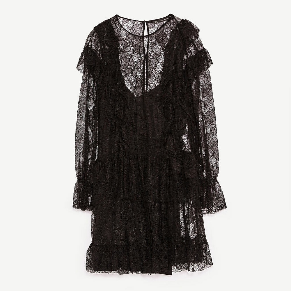 Zara Trafaluc Collection Lace Ruffle Long Sleeve Black Layered Mini Dress Sz S